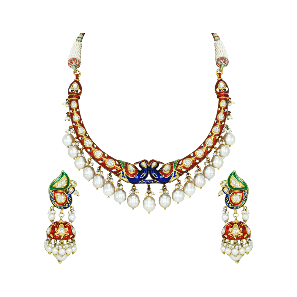 Peacock Motif Enamel Necklace Set with Polki and Pearl Drops